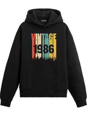 Colermi Vintage Era 1986 Yaş Doğum Günü Hediyesi Kapşonlu Vintage Tasarım Yaş Günü Hediyesi Erkek Siyah Sweatshirt Kadın Siyah Hoodie