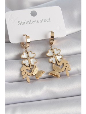 Clariss 316L Çelik Gold Renk Beyaz Sedefli Yonca Simli Kelebek Figür Kadın Küpe