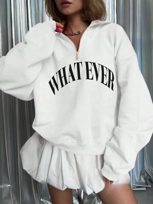 Kadın Beyaz What Ever Yarım Fermuarlı Dik Yaka Sweatshirt