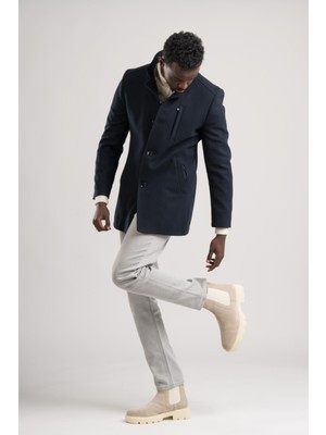Akçaylar Slimfit Hakim Yaka Düğme Kapamalı Yan Cepli Astarlı Tek Yırtmaçlı Yünlü Kaşe Kaban