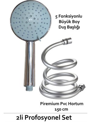 5 Fonksiyonlu Büyük Boy Duş Başlığı & Pvc Süper Sağlam 150 cm Hortum Duş Seti