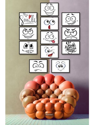 Komik Yüz Ifadeleri ve Motive Edici Mesajlarla Dolu 12 Parça Mdf Tablo Seti ile Evinizi Süsleyin