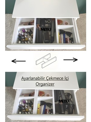 Mebu Home Asimetrik Aynalı Beyaz Makyaj Masası Dresuar, Ayarlanabilir  Çekmece Içi Organizer