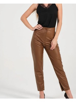 Taba Ön Pensli Kışlık Cepli Deri Pantolon Iç Bacak Paça Kısmın Fermuar Detaylı Yırtmaç