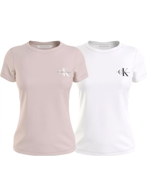 Kadın 2'li Monologo Slım Tee T-Shirt-Pudra-Beyaz