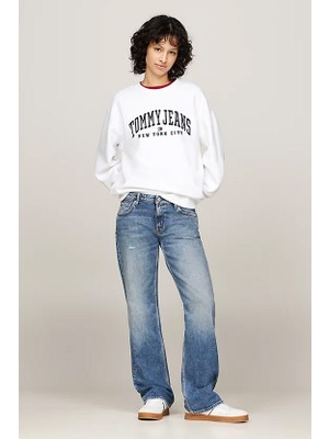 Kadın Varsity Rahat Yuvarlak Yaka Sweatshirt - Beyaz