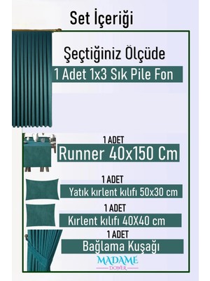 Natural Charm Petrol Keten Dokulu Taç Fon Perde 1x3 Sık Pile - Hediye Runner ve Kırlent Kılıfı ile Şık Dekorasyon Seti