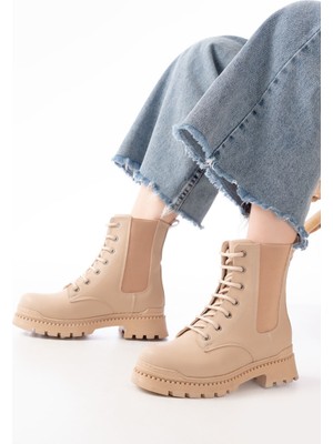 2051-298 Bej Düz Topuklu Bağcıklı Lastikli Günlük Kadın Bot