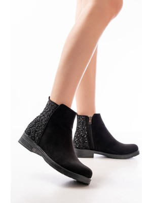 Siyah Süet Taş Aksesuarlı Fermuarlı Günlük Kadın Bot Bayan BOT165-212
