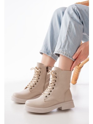 Bej Düz Topuklu Bağcıklı Fermuarlı Günlük Kadın Bot Bayan BOT02-356