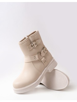 Bej Toka Aksesuarlı Fermuarlı Günlük Kadın Bot Bayan BOT41306