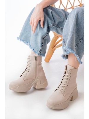 Bej Yüksek Tabanlı Bağcıklı Fermuarlı Günlük Kadın Bot Bayan BOTFZ-2550