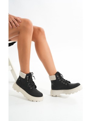 Siyah-Bej Taban Bağcıklı Kalın Taban Kadın Günlük Bot Bayan BOTLMÇ-204