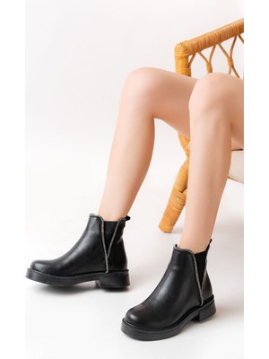 Siyah Taş Aksesuarlı Lastikli Günlük Kadın Bot Bayan BOT02-02 S