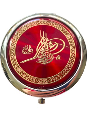 Nice And Bonita Cep Çanta Makyaj Aynası - Osmanlı Tuğrası Desenli - Metal Ayna - Çift Taraflı - Büyüteçli - Yuvarlak 7 cm