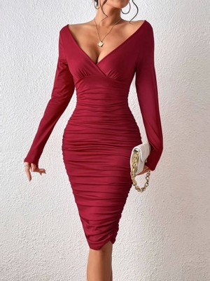 Kadın Uzun Kollu Derin Kruvaze Yakalı Büzgülü Sandy Midi Elbise