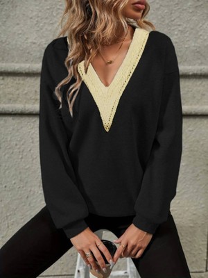 Kadın Uzun Kollu V Dantel Yaka Şardonsuz Üç Iplik Bluz