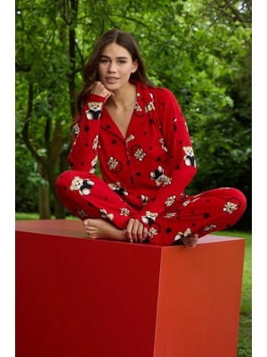 Pijamoni Ayıcık Baskılı Önü Düğmeli Uzun Kollu Kırmızı Pijama Takımı - 5660