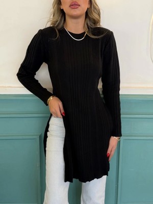 Veramall Kadın Uzun Kollu Bisiklet Yaka Iki Yandan Yırtmaç Detay Triko Bluz