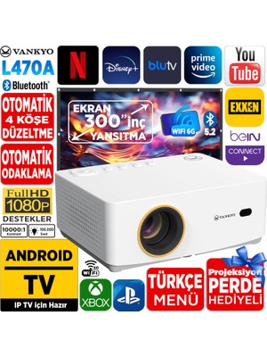 Vankyo Leisure L470A Android Tv 1080P Destekli Projeksiyon Cihazı +Auto Focus+Auto Keystone+6g Wifi+5.2 BLUETOOTH+300 Inç Yansıtma+Hifi Premium Ses Sistemi Beyaz Ps5/xbox/hdmı