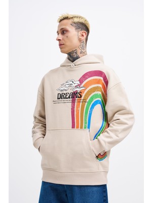 Erkek Rainbow Printed Açık Bej Hoodie