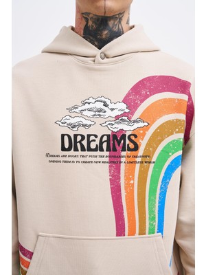 Erkek Rainbow Printed Açık Bej Hoodie