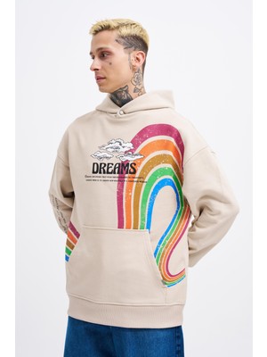 Erkek Rainbow Printed Açık Bej Hoodie