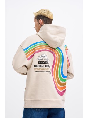 Erkek Rainbow Printed Açık Bej Hoodie