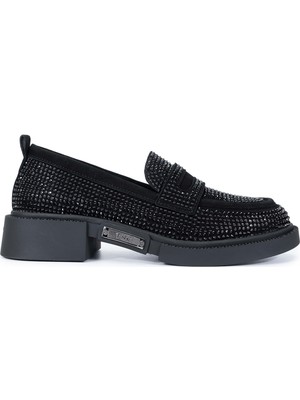 Tamer Tanca Kadın  Deri Siyah Süet Loafer Ayakkabı 1061 2301-1 Bn Ayk SK24-25 Sıyah Suet/tas
