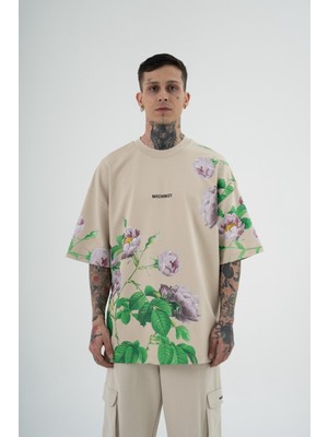 Machinist Erkek Rose Flower Baskılı Oversize Açık Bej Tişört