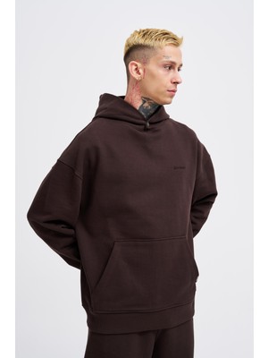 Erkek Basic Diyagonel Koyu Kahve Hoodie