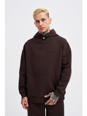 Erkek Basic Diyagonel Koyu Kahve Hoodie