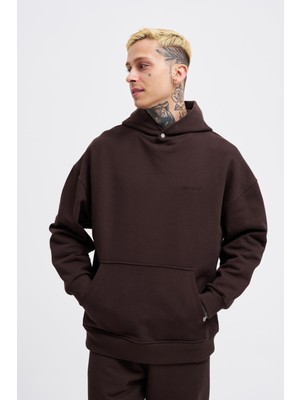 Erkek Basic Diyagonel Koyu Kahve Hoodie