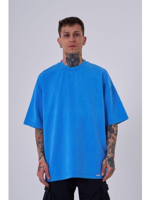 Machinist Erkek Yıkamalı Hidden Patch Oversize Mavi Spotted Tişört