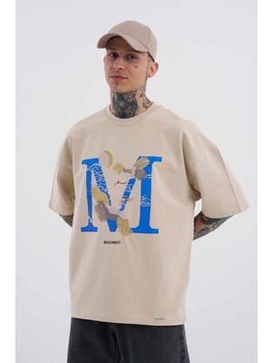 Machinist Erkek Crane Bird Baskılı Oversize Açık Bej Tişört