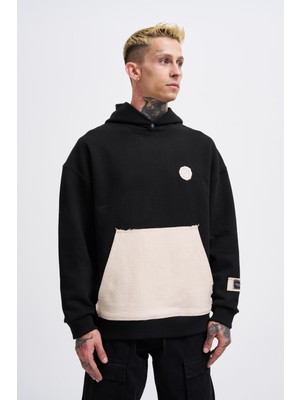 Erkek Contrast Patchwork Siyah Hoodie