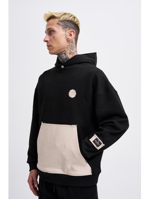 Erkek Contrast Patchwork Siyah Hoodie