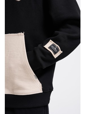 Erkek Contrast Patchwork Siyah Hoodie