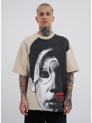 Machinist Erkek Macstar Snake Face Oversize Açık Bej Tişört
