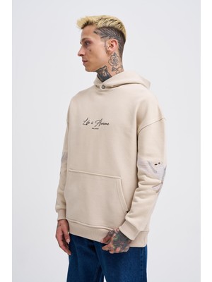 Erkek Birds Embroidered Açık Bej Hoodie