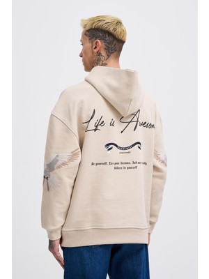 Erkek Birds Embroidered Açık Bej Hoodie