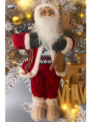 Sole Yılbaşı Süsü Noel Baba Biblo Figür Büyük Boy 45CM -Kayakları, Hediye Çuvalı ve Aksesuarları ile