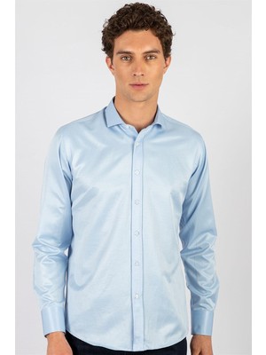 Modern Slim Fit Uzun Kollu Düz Saten Pamuklu Erkek Mavi Gömlek