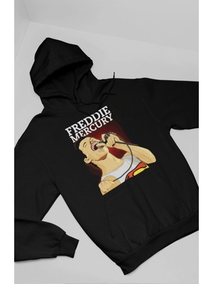 Fuddy Moda Unisex Freddie Mercury Queen Baskılı Kapüşonlu Sweatshirt, Oversize Rock Metal Baskılı Hoodie