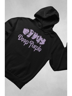 Fuddy Moda Unisex Deep Purple Baskılı Kapüşonlu Sweatshirt, Oversize Rock Band Baskılı Hoodie