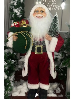 Sole Yılbaşı Süsü Noel Baba Biblo Figür Büyük Boy 45CM -Elinde Çam Ağacı ve Hediye Çuvalı ile