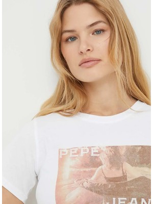 Pepe Jeans Bisiklet Yaka Baskılı Beyaz Kadın T-Shirt PL505744