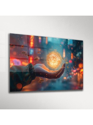 Avuç Içinde Güneş Bitcoin Soyut Cam Tablo
