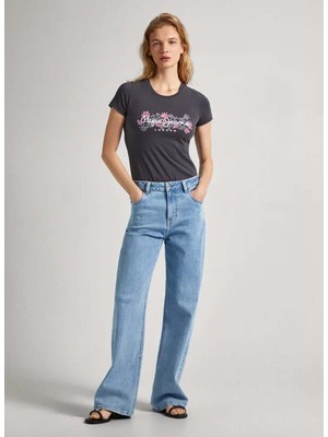 Pepe Jeans Bisiklet Yaka Baskılı Koyu Gri Kadın T-Shirt PL505834