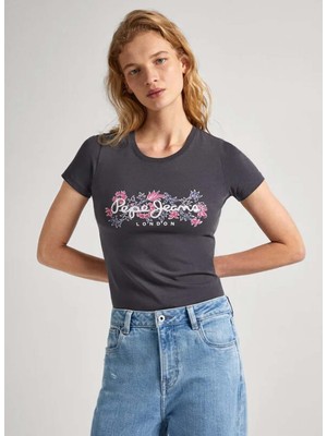 Pepe Jeans Bisiklet Yaka Baskılı Koyu Gri Kadın T-Shirt PL505834